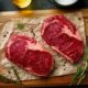 two steaks on a cutting board with herbs and spices